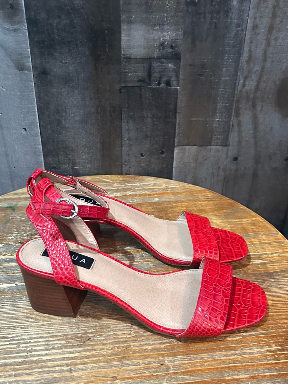 Aqua Red Croc-Embossed Block Heel Sandals with Ankle Strap